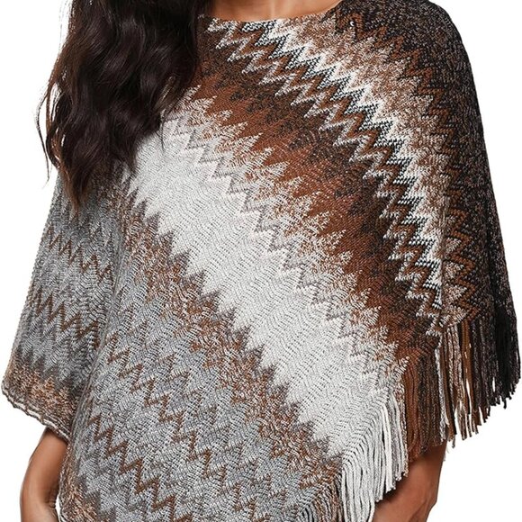 Women's Zig-Zag Knit Tassel Fringed Pullover Poncho Sweater Cape Shawl Wrap - Picture 1 of 6